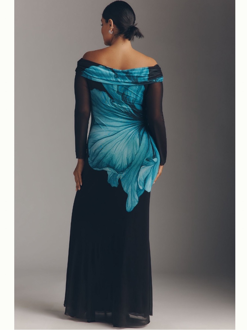NWT Anthropologie AFRM Long-Sleeve Off-The-Shoulder Teal Flower Mesh Maxi Dress - Picture 7 of 12